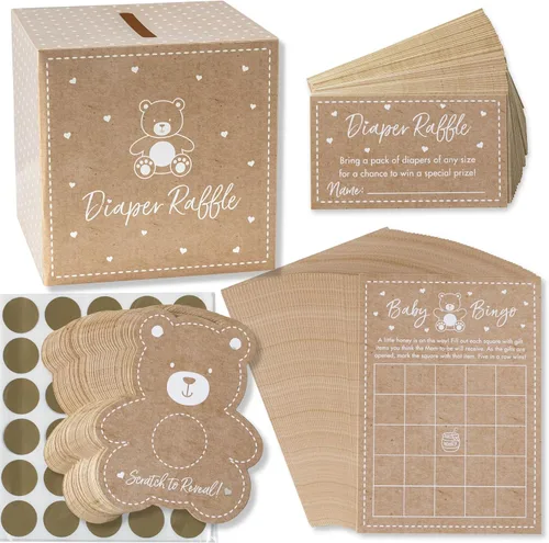 Kate Aspen Rifa de pañales de oso Kraft, bingo y bricolaje para baby shower, juego de rascar (juego de 50), decoraciones de género neutro para baby