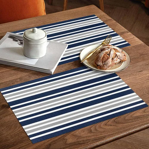 Miniatura 7 de Juego de 6 manteles individuales lavables de lino y algodón para cocina, mesa de comedor, color azul marino, gris y blanco, a rayas