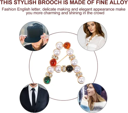 Miniatura 3 de EXCEART Broche de letra inicial Pin perla Rhinestone alfabeto broche elegante cristal solapa pin personalizado pechos para chaquetas ropa traje