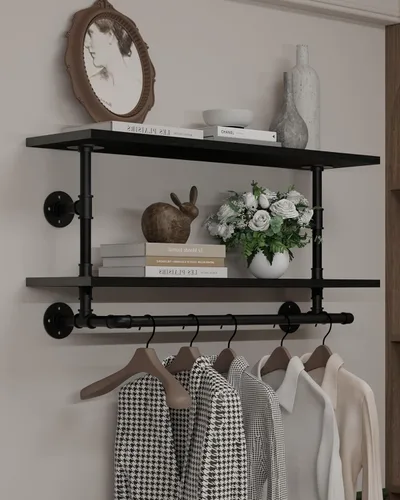Miniatura 14 de Perchero negro de 36 pulgadas, perchero montado en la pared con estante de madera real negra, perchero colgante resistente, barra para colgar