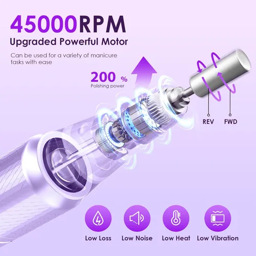 Miniatura 2 de Taladro de uñas eléctrico profesional de 45000 RPM (portátil y recargable) (con 11 brocas), máquina de lima de uñas inalámbrica para dar
