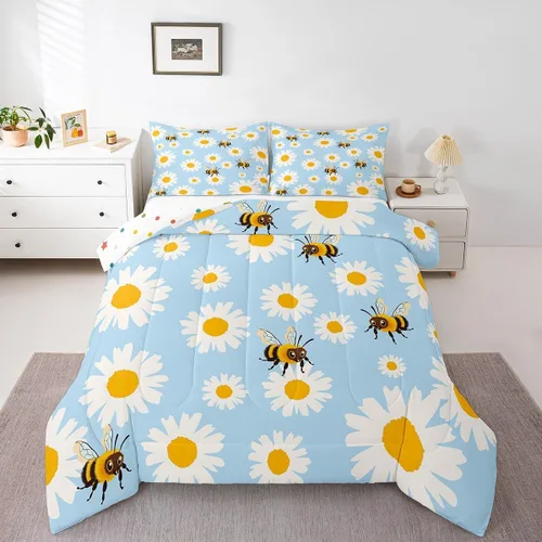 Miniatura 3 de Erosebridal Juego de edredón de abeja de dibujos animados, tamaño individual, juego de ropa de cama floral de margarita blanca lisa para niños