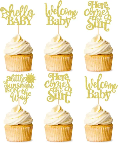 Miniatura 8 de 24 adornos dorados con purpurina para cupcakes con texto en inglés "You are My Sunshine", para baby shower, baby shower, revelación de género