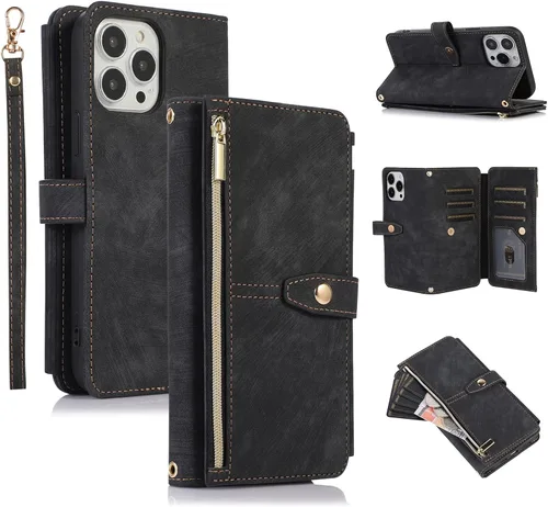 Miniatura 13 de UEEBAI Funda tipo cartera para iPhone 12 Mini de 5.4 pulgadas, retro 9 ranuras para tarjetero, bolsillo con cremallera, cierre magnético, función