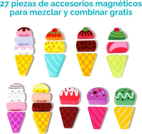 Miniatura 2 de HELLOWOOD Camión de helados de madera, 28 piezas magnéticas de helados dulces, alimentos y accesorios, juguetes Montessori de clasificación