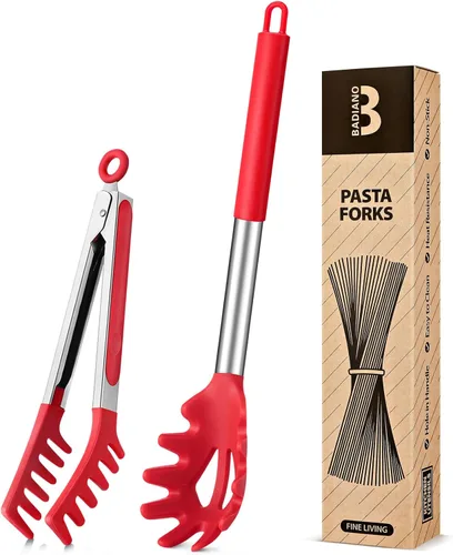 Miniatura 8 de Cuchara de silicona para espaguetis y pinza para pasta, mango de acero inoxidable antiadherente, juego de tenedores para pasta con dientes, clip Azul