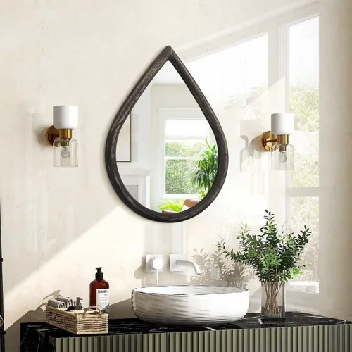 Miniatura 13 de Espejo con marco de madera, espejo de pared con forma de lágrima negra, espejo de pared rústico decorativo irregular para baño, sala de estar