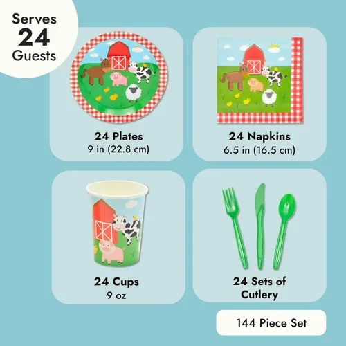 Miniatura 4 de Juvale Farm - Decoraciones para fiestas temáticas – Juego de 144 piezas, sirve 24, platos de 9 pulgadas y tazas de 9 onzas, diseño de animales a