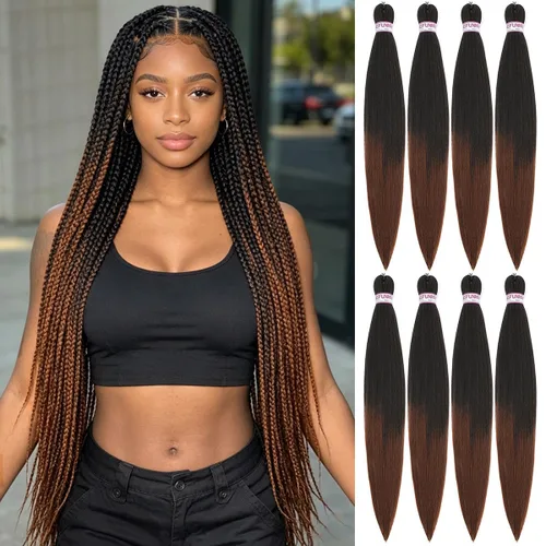 Cabello trenzado preestirado de 30 pulgadas, 8 paquetes, cabello trenzado preestirado largo de colores mixtos, tono doble negro/marrón, sintético