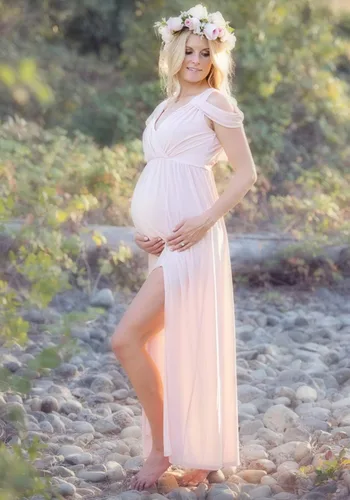 Miniatura 4 de ZIUMUDY Vestido de maternidad con hombros descubiertos y cuello en V envuelto para sesión de fotos, vestido largo para baby shower