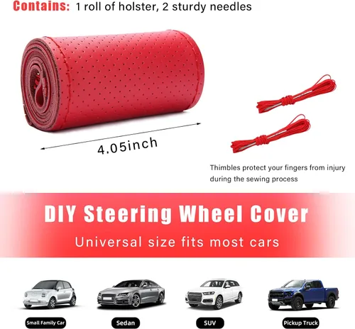 Miniatura 2 de Augeny Funda de cuero genuino para volante, transpirable, antideslizante, protector para volante de automóvil, coser y envolver para un diámetro Rojo