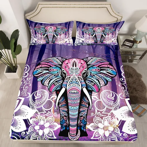 Juego de sábanas bajeras de elefante bohemio, juego de ropa de cama bohemio con estampado de animales de safari africanos para niños, hombres,