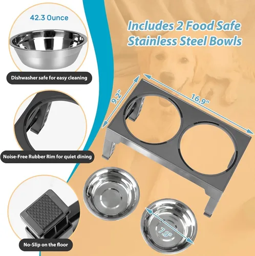 Miniatura 6 de Niubya Cuencos elevados para perros con 2 cuencos de comida de acero inoxidable para perros, cuenco elevado para perros que se ajusta a 5 alturas
