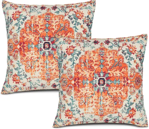 Fundas de almohada boho naranja azul 20x20 pulgadas, juego de 2 fundas de almohada estilo bohemio alfombra vintage étnica para sofá, fundas de