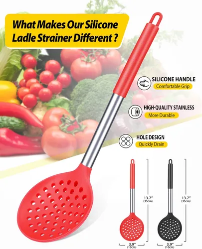 Miniatura 2 de Juego de 2 cucharones de cocina con ranuras grandes y resistentes al calor, sin BPA, antiadherentes, para escurrir y freír (negro y rojo)