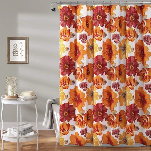 Lush Decor Leah - Cortina de ducha floral, 72 pulgadas de ancho x 72 pulgadas de largo, rojo y naranja, cortinas de ducha de tela, cortina de baño
