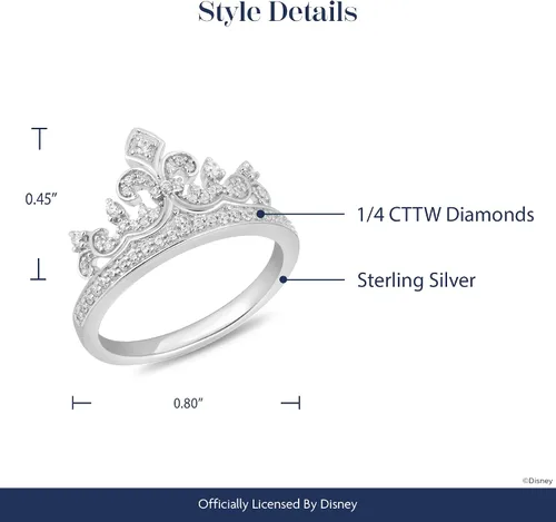 Miniatura 4 de Jewelili Enchanted Disney Fine Jewelry - Anillo de plata de ley de 1/4 Cttw Princess Disney Crown Ring