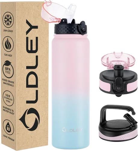 Miniatura 8 de Botella de agua aislada Oldley de 12 oz con pajita, botella de agua de acero inoxidable con 2 tapas, botellas de doble pared con vacío para adultos