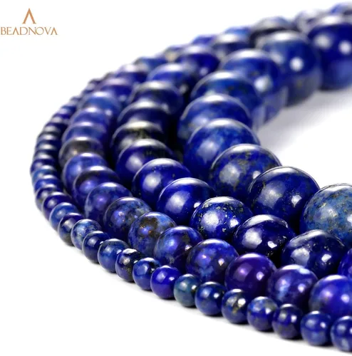 Miniatura 5 de Cuentas de lapislázuli azul BEADNOVA con cuentas de cristal natural, piedras preciosas, redondas, sueltas, curativas de energía con cordón elástico