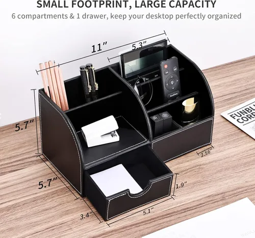 Miniatura 6 de Organizador de escritorio de polipiel con 7 compartimentos de almacenamiento para artículos de papelería, tarjetas de visita, lápices, bolígrafos