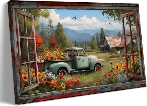 Miniatura 17 de Decoración rústica de granja en lienzo con ventana abierta, impresiones artísticas para pared, pintura de camión viejo, lienzo de granero y bandera