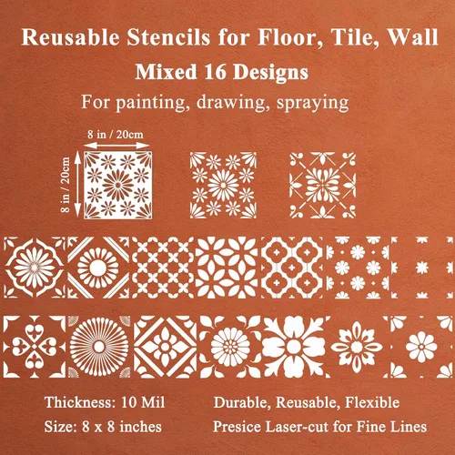 Miniatura 2 de 16 plantillas de azulejos de pared de 8 x 8 pulgadas, plantillas florales geométricas reutilizables de mandala para pintar en pisos, azulejos, patio