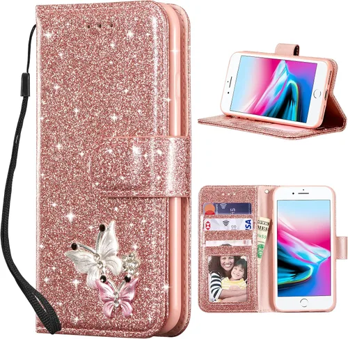 Miniatura 28 de UEEBAI Funda tipo cartera para iPhone 11, funda de piel sintética con purpurina para teléfono, ranuras para tarjetas, funda con función atril
