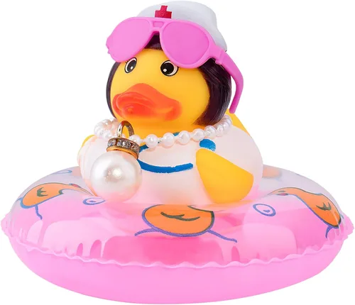 Miniatura 9 de wonuu Adorno de pato de goma para automóvil, accesorios de decoración de tablero de instrumentos con mini collar de anillo de natación y gafas de sol