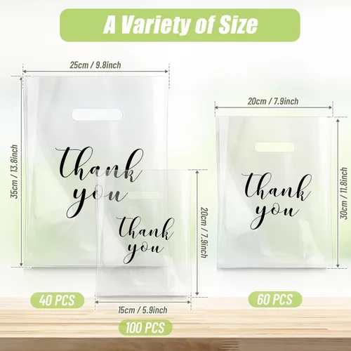 Miniatura 2 de Yeaqee 200 Piezas Bolsas Transparentes de Mercancía de Agradecimiento con Asas Troqueladas Bolsas de Compras de Plástico Reutilizables para Venta al