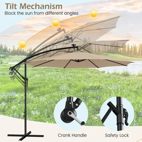 Miniatura 5 de Tangkula Sombrilla solar de 10 pies, sombrilla colgante inclinada en voladizo con 112 luces LED de lluvia de meteoros, con manivela, sombrilla