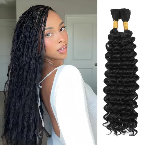 Miniatura 28 de Mezcla de cabello humano trenzado sintético bohemio para trenzar, 16 pulgadas de onda profunda a granel para trenzas bohemias, 2 piezas de cabello 1b