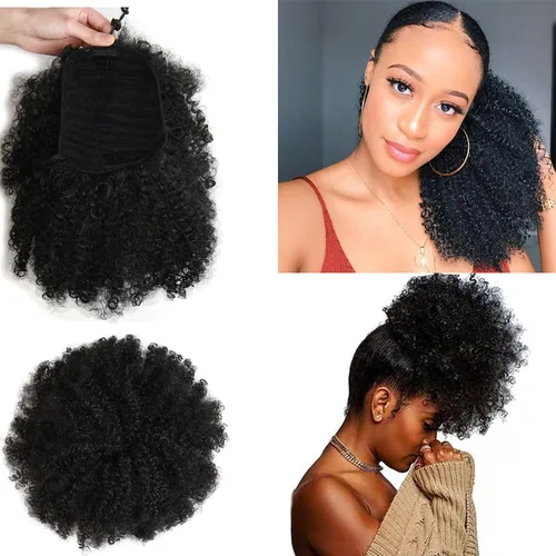 Miniatura 9 de Extensión de cola de caballo afro rizada encrespada con cordón para mujeres, cola de caballo afro con cordón, rizos encrespados sintéticos, piezas