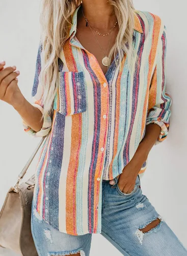 Miniatura 5 de Astylish - Camisa a rayas para mujer con cuello en V, blusa con mangas enrollables y botones