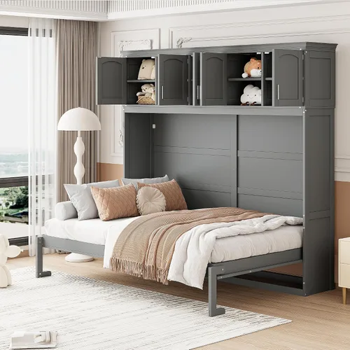 Miniatura 8 de Merax Moderno mueble Murphy con armarios superiores, plataforma de pared de madera maciza, no necesita somier, fácil de montar, color gris