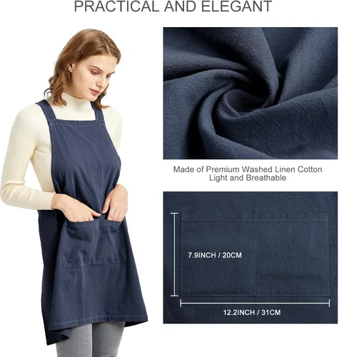 Miniatura 4 de ELEZAY Delantales para mujer con bolsillos, talla grande, cómodo, espalda cruzada, sin lazo, delantal de lino y algodón Azul marino