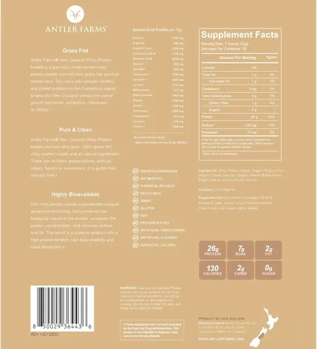 Antler Farms - Aislado de Proteína de Suero de Nueva Zelanda 100% Alimentado con Pasto, Sabor a Chocolate con Mantequilla de Maní, 2 libras - Puro y