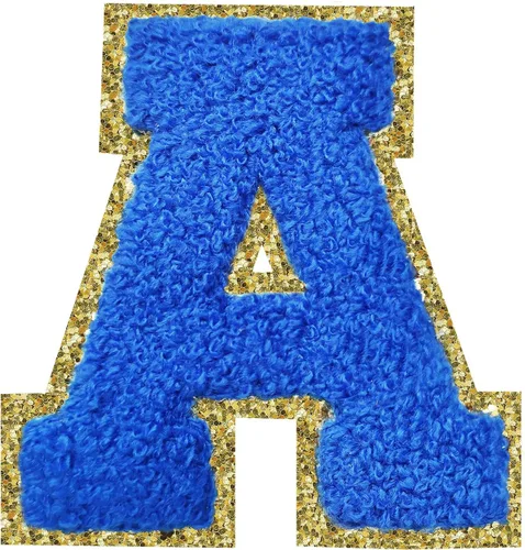 Miniatura 16 de Parches de letras termo-adhesivas de felpilla para chaquetas, parches de letras universitarias con brillantina para planchar en la letra azul A