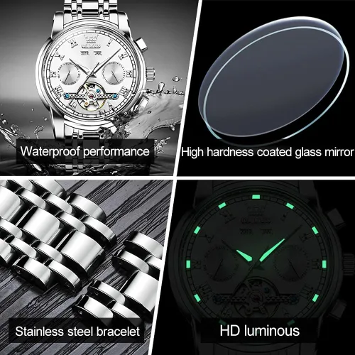 Miniatura 5 de OLEVS Relojes automáticos de cuerda automática para hombre, fecha y día, calendario, relojes de acero inoxidable, movimiento esquelético