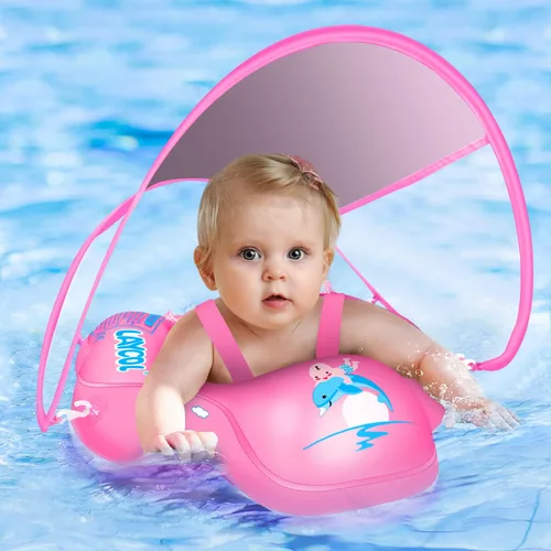Baby Pool Float with Canopy UPF50+ Sun Protection, no flip Over Inflatable Baby Float for Baby 3-36 Months, Skin Protect Toddler floaties for Boys
