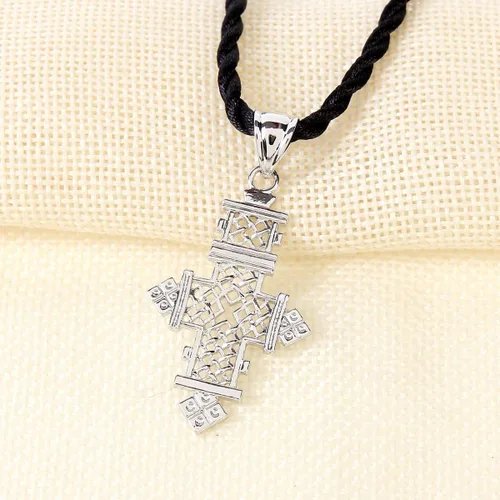 Miniatura 3 de Collar con colgante de cruz etíope cadena plateada joyería