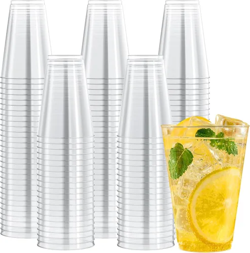 JOLLY CHEF Vasos de plástico transparente de 14 onzas, paquete de 200 vasos de fiesta resistentes, vasos de plástico desechables para cócteles de