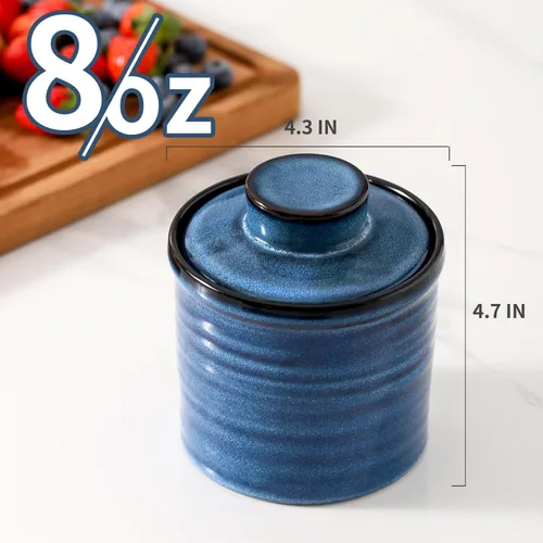 Miniatura 3 de HASENSE Vajilla de mantequilla de cerámica con tapa, plato de mantequilla para encimera con línea de agua, contenedor francés de mantequilla