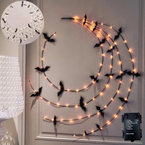 Miniatura 7 de LITBLOOM Guirnalda de Halloween con luces de 6 pies, 80 luces de hadas naranjas y blancas cálidas, guirnalda negra iluminada, funciona