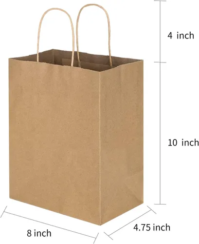Miniatura 7 de Toovip Paquete de 100 bolsas de papel kraft de 8 x 4.75 x 10 pulgadas, medianas de color marrón liso con asas, a granel, bolsas de envoltura