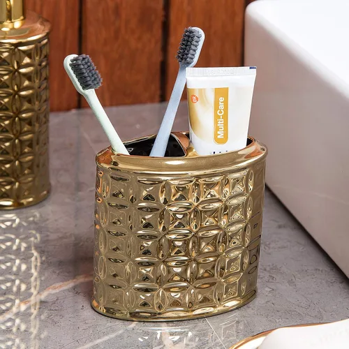 Miniatura 4 de Juego de accesorios de baño dorados, 4 piezas de cerámica para decoración de baño, incluye dispensador de loción, soporte para cepillos de dientes