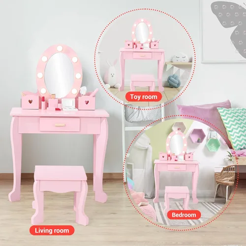Miniatura 5 de GarveeHome Juego de tocador para niños con espejo iluminado, mesa de tocador y silla para niños, juego de maquillaje para niñas, rosa