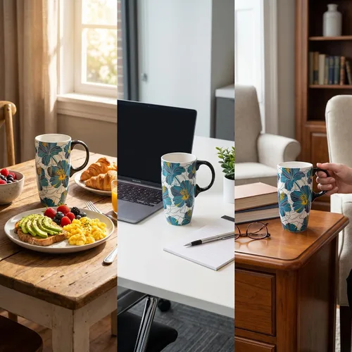 Miniatura 3 de DUSVALLY Taza de Café de Cerámica Taza Alta con Tapa, Taza de Té de Porcelana con Asa para Café con Leche, Capuchino y Cacao, Tazas de Café