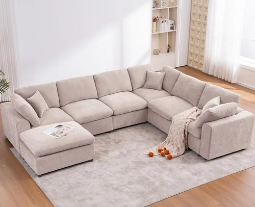Miniatura 10 de Sofás modulares de nube seccionales para sala de estar, sofá modular grande con otomana, sofá de 3 plazas en forma de L con almohada, color beige