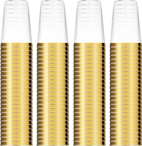 Miniatura 8 de Munfix 100 vasos de plástico dorados de 14 onzas, vasos transparentes con borde dorado, elegantes vasos desechables para boda, fiesta, con borde