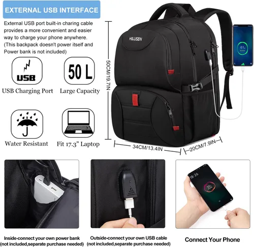 Miniatura 5 de HILUSEN Mochila extra grande para hombres 50L, mochila con aislamiento térmico para almuerzo, resistente al agua de 17 pulgadas, mochila